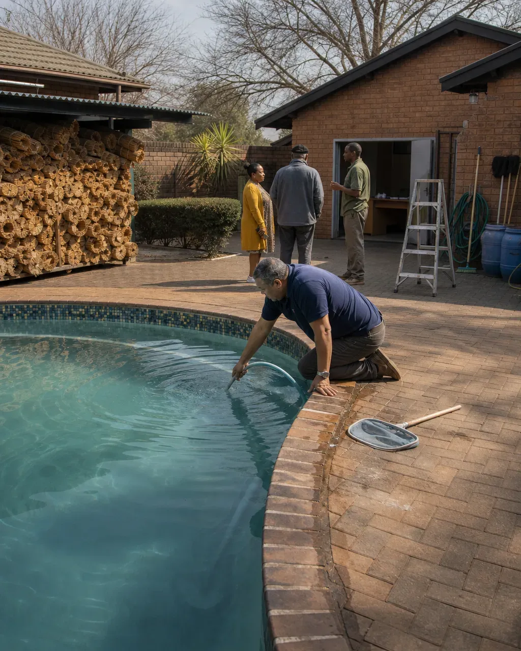 Owner kneeling at pool edge checking the cleaner in the water